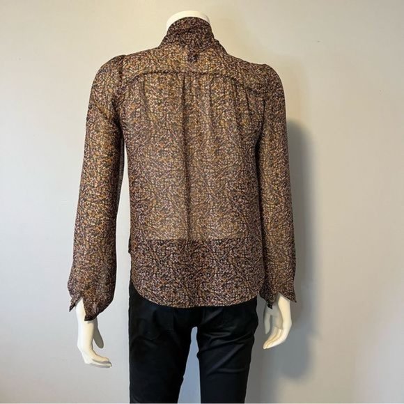 H&M abstract print tie front sheer blouse in size US 2 orange black tan, brown - Picture 7 of 7
